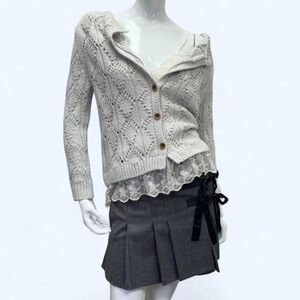 soft coquette lace hem cardigan in soft grey, knit sheer embroidered lace